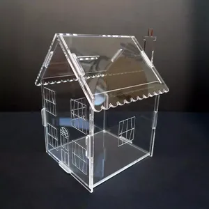 صندوق شفاف من الأكريليك مع سقف البرسبيكس شكل البيت حصالة