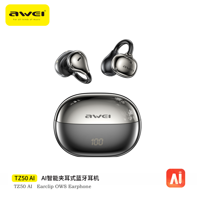Awei Ear Clip AI Smart Translator TWS Earbuds with Digital Display IPX6 Waterproof Real-Time Translation 20+ Hours Playtime