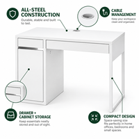 Bureau d'ordinateur minimaliste en acier blanc avec tiroir de rangement, gestion des câbles, poste de travail pour bureau à domicile, étude et écriture