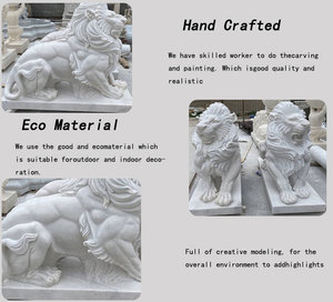 Statue de lion couché à crinière ondulante en marbre naturel sculpté à la main avec base plate pour la décoration de villas, portails, pelouses, cours et manoirs - Product Image 3