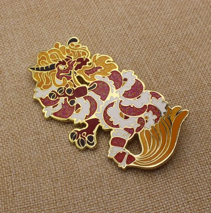 Zinc Alloy Custom Gold Hard Enamel Dragon Badge Loong Lapel Pin with Glitter