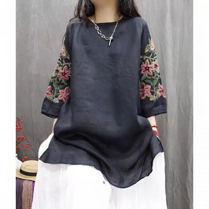 Women Cotton Linen Embroidery Top Loose Mid Length Casual Shirt Dress Breathable Retro Style Everyday Wear - Product Image 2