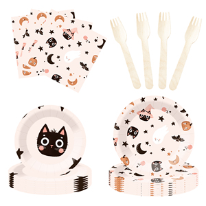 อุปกรณ์จัดปาร์ตี้ฮาโลวีน DAMAI ลายฟักทอง แมวดำ และผีน่ารัก ดีไซน์สีม่วงและดำ จานและผ้าเช็ดปากธีมฮาโลวีน - Product Image 4