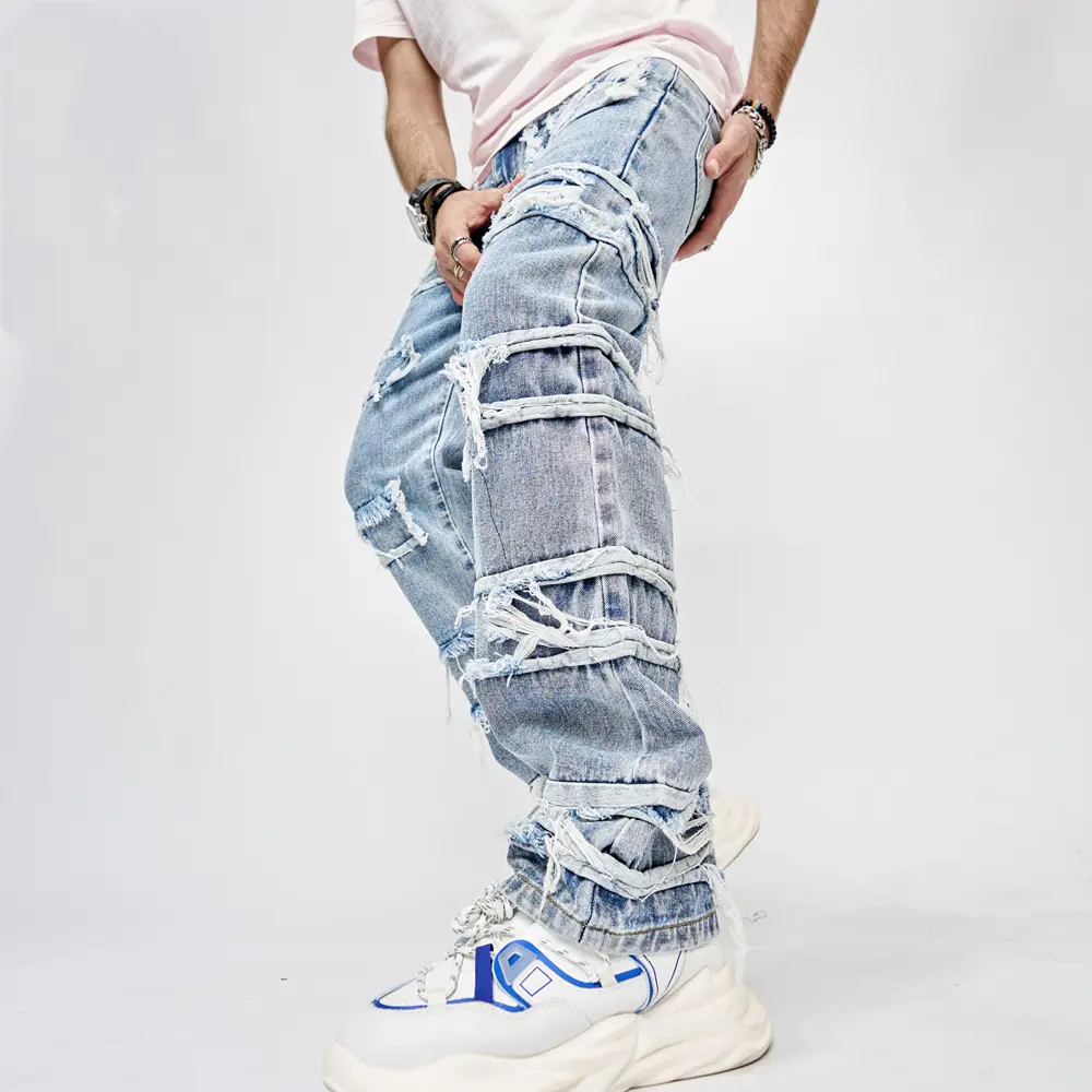 Pantalones vaqueros de marca para hombre, ropa de calle personalizada, calidad al por mayor, rasgados, desgastados, apilados, color azul, 2023
