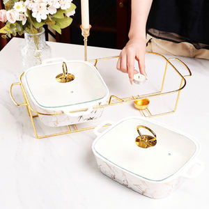 Plat de cuisson rectangulaire de luxe en marbre doré pour restaurant avec support métallique, chauffe-plat en céramique pour buffet et couvercle en verre - Product Image 5