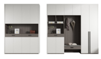Meuble à chaussures flottant et porte-manteau flottant pour entrée, tons neutres modernes, pour une décoration intégrée de l'entrée dans une maison minimaliste.