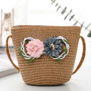 Handmade Cute Girl Flower Coin Purse Portable Flower Decoration Handbag Children's Girl Straw Woven Shoulder Bag