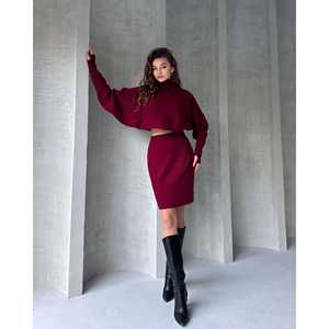 Conjunto de dos piezas de punto con cuello pescador y manga murciélago para mujer: suéter y falda de algodón transpirable con cintura natural - Product Image 2