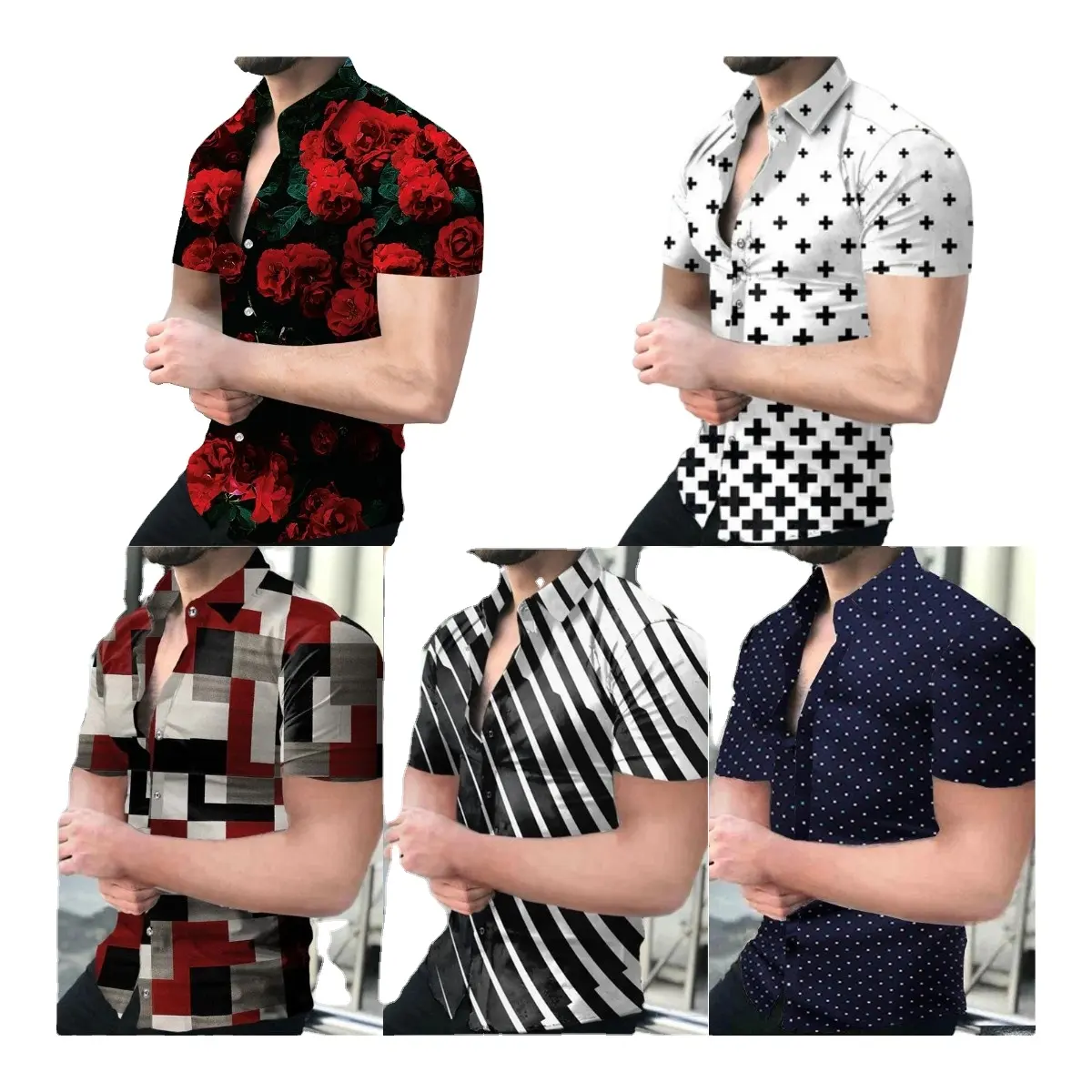 Zomer Korte Mouw Digitaal Print Shirt Heren Revers Hals Losse Knoop Up Shirt Blouse Ademende Aloha Shirts Voor Mannen