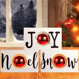3 pcs Christmas khối gỗ dấu hiệu: niềm vui tuyết Noel centerpieces với chuông, mộc mạc trang trại tầng khay trang trí cho kỳ nghỉ bên - Product Image 5