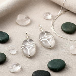 Oval Shaped <b>Clear</b> Crystal Quartz Cabochon Semi-Precious Stone Wire <b>Wrap</b> Pendants Through-Carved Gemstone Jewelry Love - Product Image 3