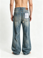 Jeans déchirés à jambe large et coupe bootcut, effet moustache vintage, éclaboussures de peinture, en denim, pour hommes, vente en gros de vêtements