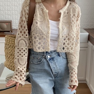 Chaqueta Corta <span class=keywords><strong>de</strong></span> Punto Calado Vintage con Diseño Floral, Cuello Redondo, Cierre <span class=keywords><strong>de</strong></span> Botones, Manga Larga, Ligera y Casual - Product Image 1