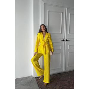 Conjunto de traje de pana amarillo neón para mujer con chaqueta con cinturón y pantalones de pierna ancha para oficina o fiesta - Product Image 5