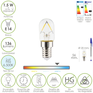 Lampadina LED per Frigorifero, Attacco E14. 1,5 Watt. Equivalente a 15 Watt. 136 Lumen. Bianco Freddo (6500K). - Product Image 1