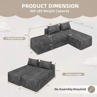 Canapé modulaire sectionnel en velours côtelé, en forme de L, trois places, réversible, convertible en chaise longue, avec dossier coussin et design sans accoudoirs