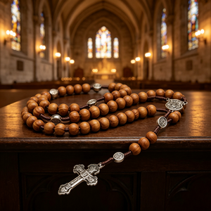Elegantes rosarios católicos con conector Ilo y plata en oro laminado, pulsera de siete nudos, dije mini de San Benito. - Product Image 1