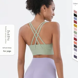 Soutien-gorge de sport double face brossé TongJoes, maintien élevé, nylon, antichoc, coussinets amovibles, logo frontal, veste de fitness - Product Image 1