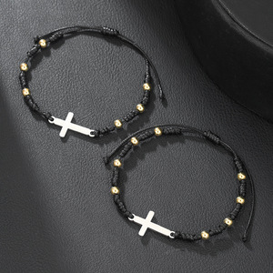 <b>Mother</b> <b>Son</b> Cross Bracelet Stainless Steel Waxed Thread Parent Child Jewelry <b>Gift</b> Set - Product Image 2