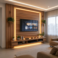 Console TV flottante gain de place, style grain de bois chaud, meuble mural sur mesure pour salon