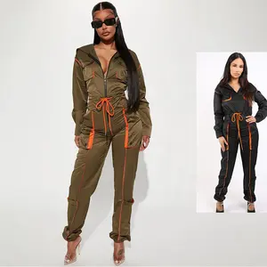 Clothing Factory Directly Supply Contrast Color Zipper Down Drawstring Cargo Style Women Jumpsuit 2024