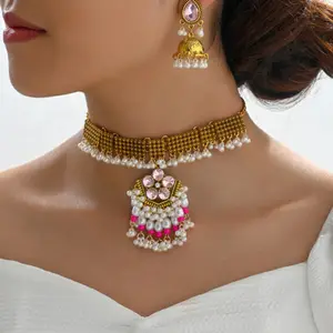 Manna 2pcs Fashion Sparkle Luxury Vintage Necklace Set Bohemia Flower Pearl Indian Bridal Kundan Jewelry Set