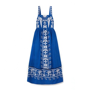 Abito da donna maxi in popeline di <span class=keywords><strong>lino</strong></span> ricamato con motivo a fiocco blu cobalto con zip e bretelle - Product Image 3