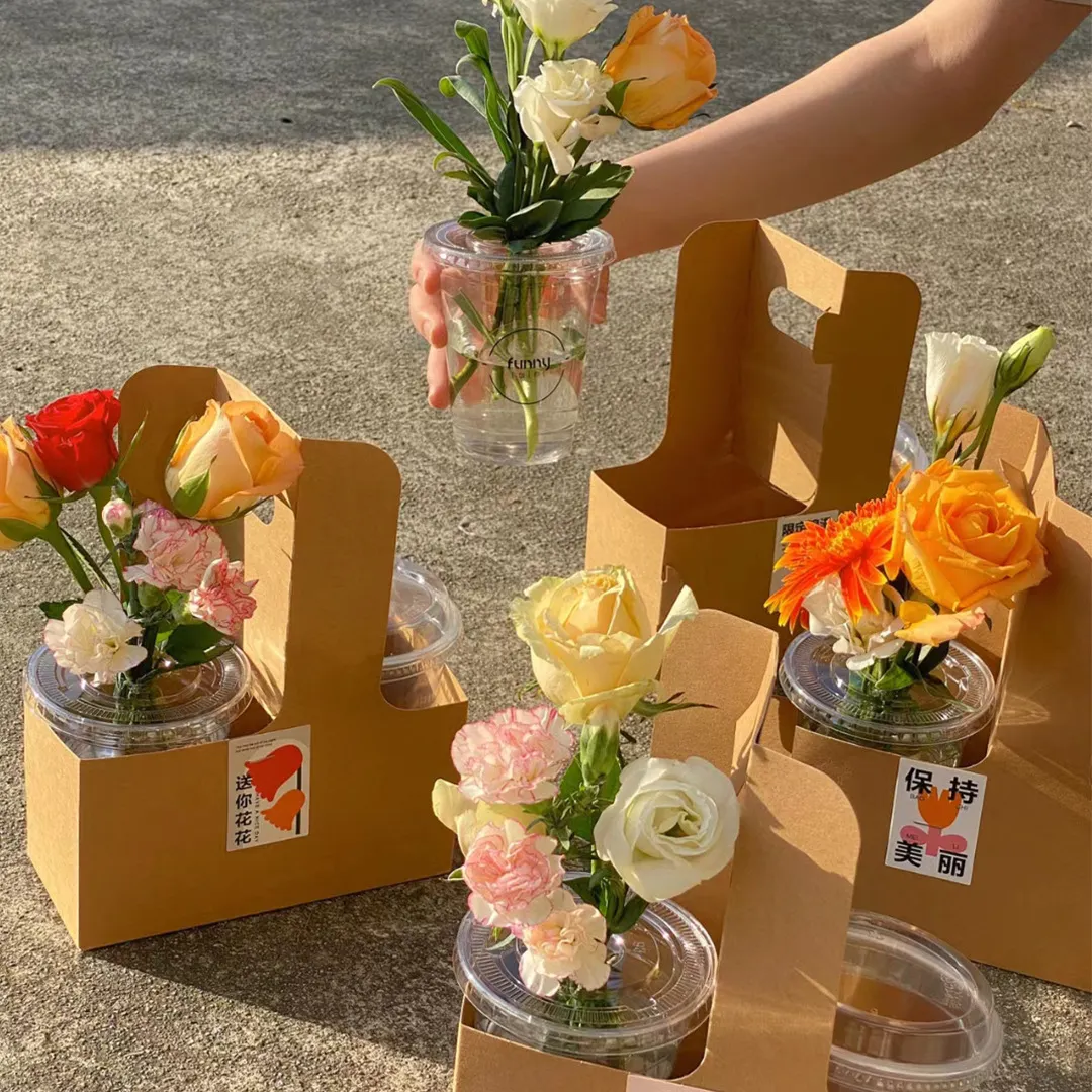 Caja de embalaje personalizada para ramo de flores de café y papel Kraft, cajas de papel artesanales con asa