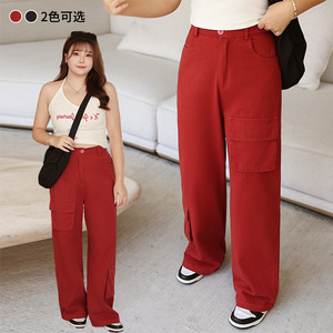Pantalon cargo à jambe droite pour femmes grandes tailles Runqi, toile rouge <span class=keywords><strong>Armani</strong></span>, épaisseur moyenne, pantalon long tendance automne N8764 - Product Image 3