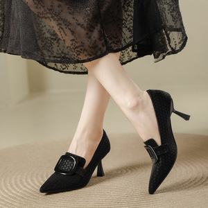Elegant Women's <b>Pointed</b> <b>Toe</b> Loafers Genuine Leather Slip-On Heels Ankle Strap Geometric Pattern All Seasons Comfort Shoes - Product Image 3