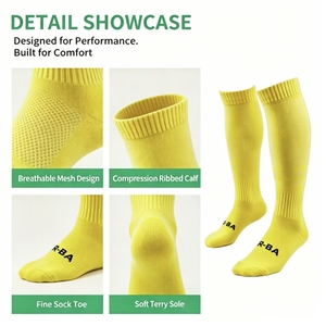 Chaussettes de football montantes Huandong ODM de haute qualité pour jeunes, couleur unie, respirantes, avec revers tricoté, logo personnalisé, saison automne - Product Image 2