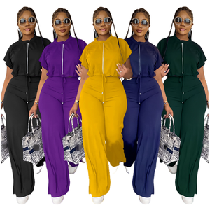 YQY10163 Ensemble <span class=keywords><strong>de</strong></span> survêtement personnalisé pour femme, <span class=keywords><strong>haut</strong></span> court à cordon <span class=keywords><strong>de</strong></span> serrage et pantalon fendu taille haute, idéal pour l'été et le <span class=keywords><strong>jogging</strong></span> - Product Image 1