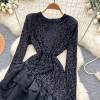 Gaun Mini A-Line Berlapis Ruffle Payet Lengan Panjang Wanita, Gaun Pesta Koktail Elegan untuk Musim Semi Gugur
