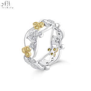 เครื่องประดับทองคำแท้18K แหวนดอกไม้แฟนซีเพชรแท้โบราณดีไซน์ในสีขาวสีเหลืองเครื่องประดับสองโทนสี - Product Image 3