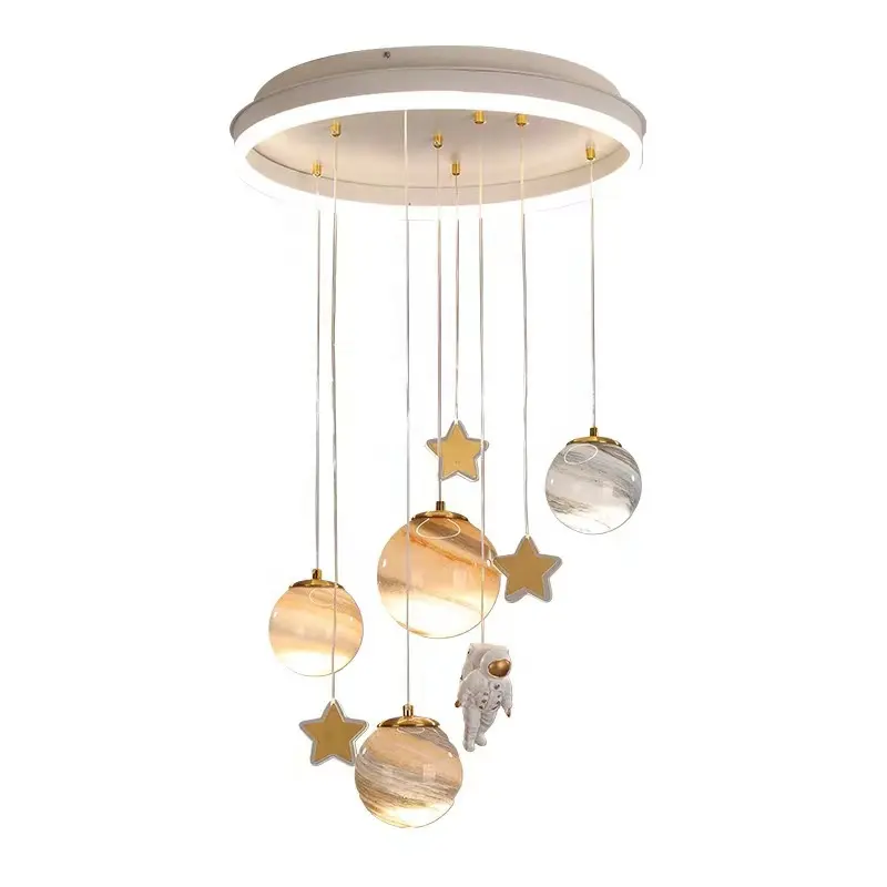 Factory wholesale creative earth astronaut star chandelier LED tricolor remote control dimming for children's room lighting