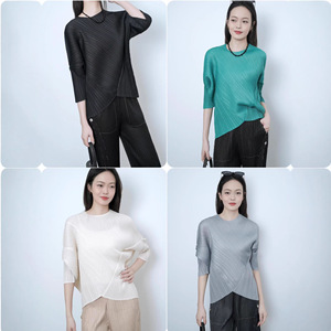 Chemisier décontracté pour <span class=keywords><strong>femme</strong></span>, style Miyake, col rond, manches mi-longues, plissé vintage irrégulier, mode printemps-été, polyvalent - Product Image 3