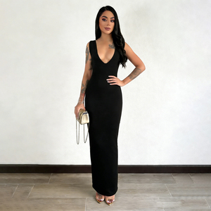 Robe maxi moulante sans manches, écologique, taille naturelle, élégante, col en V profond, couleur unie, extensible - Product Image 3