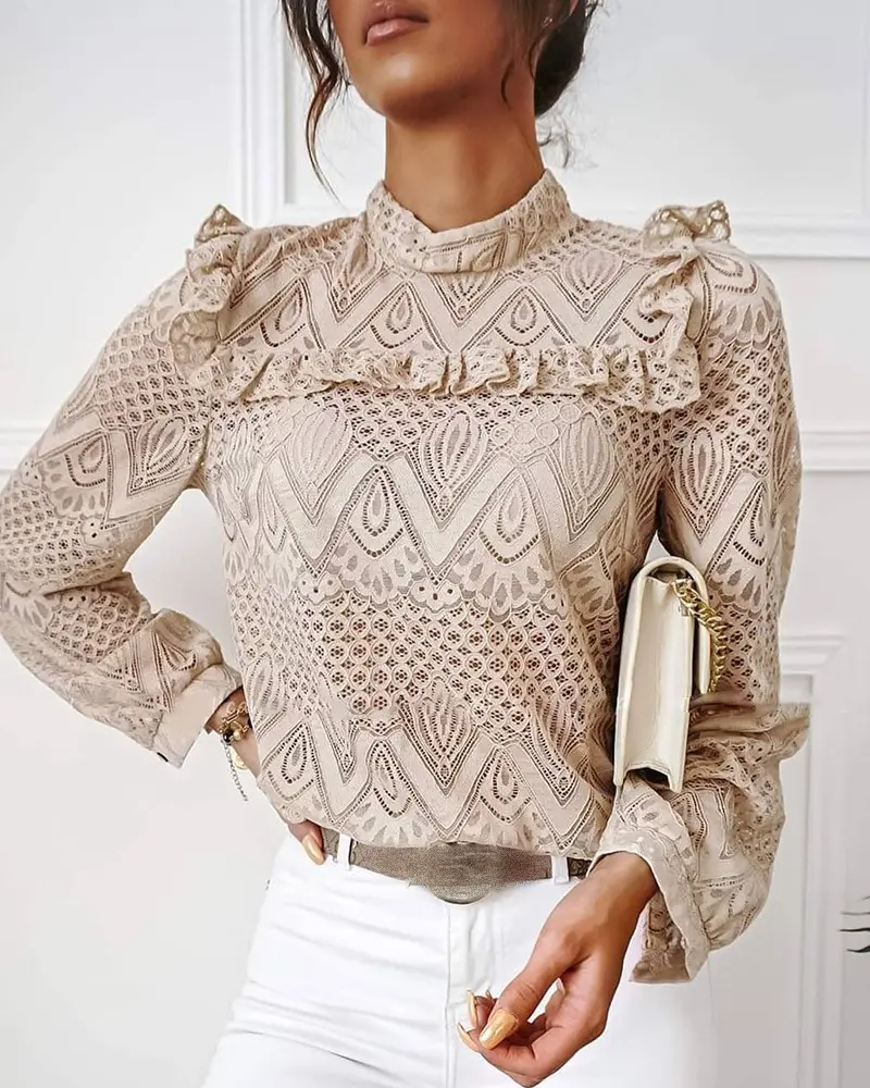 Trendy Fashion Tops Long Sleeve Ruffle Hollow Out Elegant Lace Crochet Top For Women