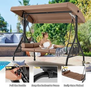 Canapé <span class=keywords><strong>balançoire</strong></span> de style indien de luxe pour jardin et terrasse, avec structure métallique, auvent et coussin en polyester kaki, porte-gobelets intégré - Product Image 5