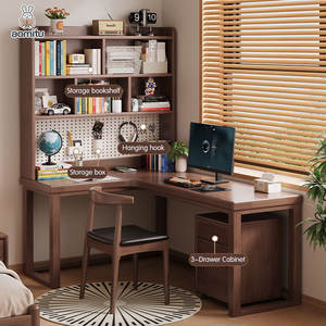 โต๊ะคอมพิวเตอร์เล่นเกมแบบมุมตัว L อเนกประสงค์ทนทานพร้อมชั้นวางหนังสือแบบมีตะเก็นไม้สำหรับบ้านสำนักงานโต๊ะเรียนไม้แข็งประหยัดพื้นที่ - Product Image 2