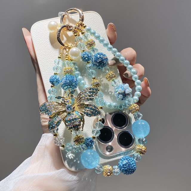 Blue Dragonfly Rhinestone Beaded Phone Charm Heavy Craft Bag Pendant Wrist Lanyard Women Jewelry Gift