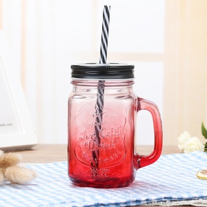 Venta directa de fábrica <span class=keywords><strong>Gallo</strong></span> Gradiente Bebida Taza de agua con tapa Mango de paja Vidrio Mason para té de la leche Calidad Drinkware - Product Image 6