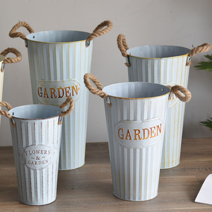 Vases en fer rayés pour jardin avec poignées, pots de fleurs ronds pour décoration de bureau ou de sol, jardinières décoratives - Product Image 2