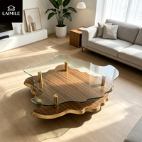 Table basse de luxe en forme de nuage irrégulière, double plateau en bois, plateau en verre trempé, base en métal doré, table de salon
