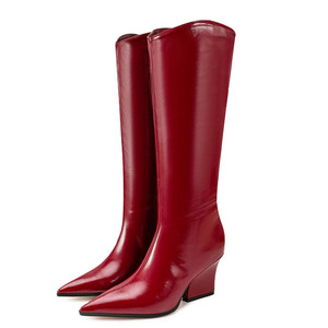 Big Size 45 Women's Solid Wide Fit Knee High Boots Ladies Chunky High Wedge Heels <b>Shoes</b> Pointed Toe Back Zipper Long Booties - Product Image 4