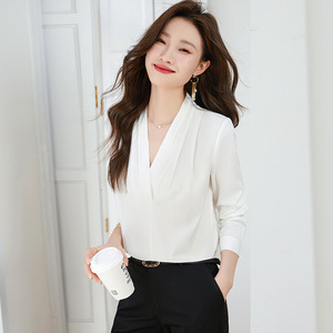 Chiffon Blouse For Women White Long Sleeve Elegant Wrap Tie Workwear Sheer Layer Full Sleeve - Product Image 1