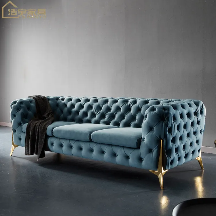 Set Sofa Chesterfield Beludru Amerika Furnitur Ruang Tamu, Sofa L Ruang Tamu Modern Tiga Kursi