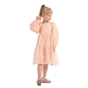 Spring Kids Girl Clothes Pink Linen Flower Dresses Long Puff Sleeve Lace Princess Dress With Lace For Girls Birthday Party