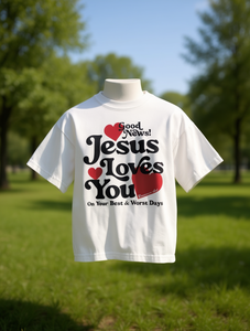 T-Shirt con Stampa 'Jesus Loves You' per Uomo, Manica Corta, Collo Tondo, Casual, 100% Cotone Jersey, Vestibilità Regolare, Logo sul Retro - Product Image 2