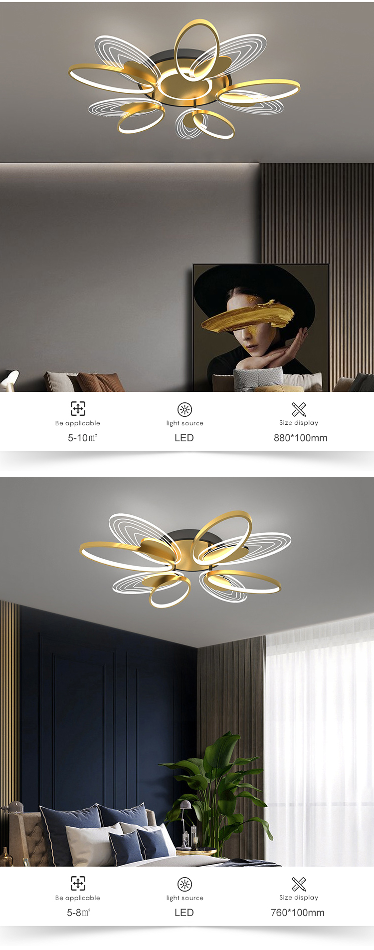 Simple Hanging Indoor Fashion Decoration Gold Black Aluminum Living Room Modern LED Ceiling Light